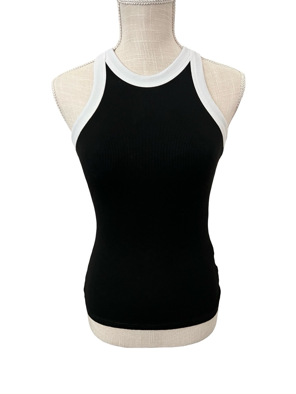 Black Ribbed Tank Top with White Trim - Sleek Racer Neck